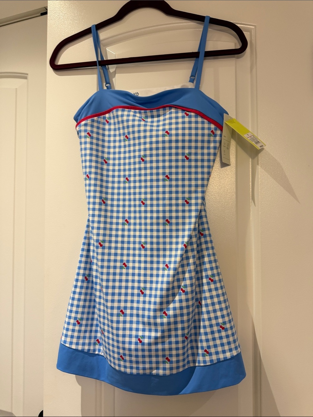 all in motion Blue Gingham Dress with Red Cherry Accents